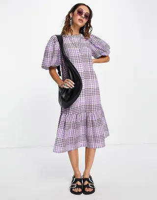 Vila peplum hem midi dress in lavender check