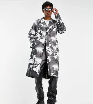 Reclaimed Vintage leather look longline jacket in mono 90s print
