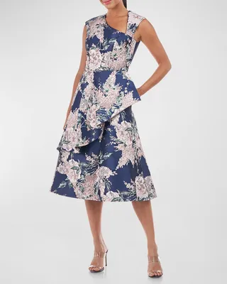 Asymmetric Floral Jacquard Ruffle Midi Dress