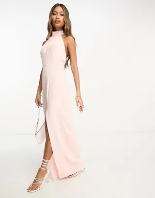 Vesper racer neck thigh split maxi dress in blush pink
