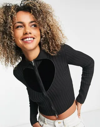 Daisy Street zip front fitted cardigan with contrast heart