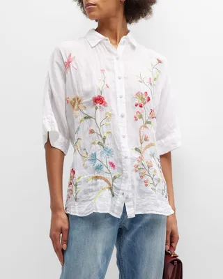 Geniveve Floral-Embroidered Button-Down Shirt