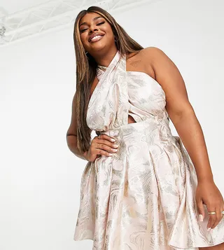 ASOS LUXE Curve halter neck mini jacquard swing dress in pink & silver