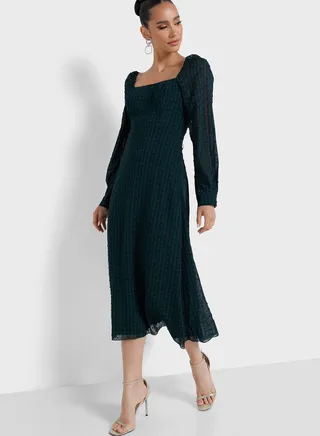 Square Neck Puff Sleeve With Button Check Dress