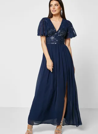 Frill Sleeve Side Split Dress