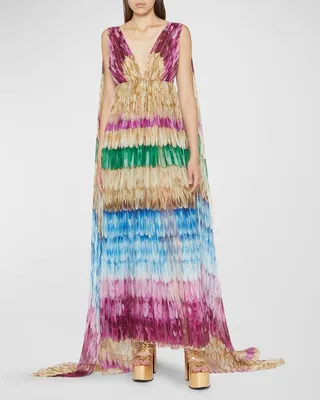 Multicolor Golden Wings Draped Chiffon Gown