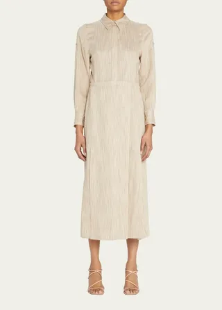 Striped Woven Long-Sleeve Midi Dress