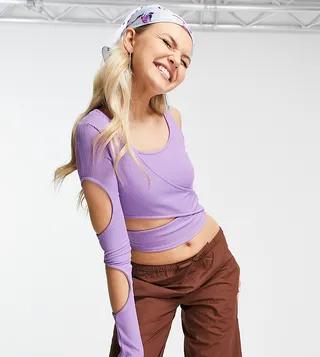 COLLUSION long sleeve cut out ribbed top in purple