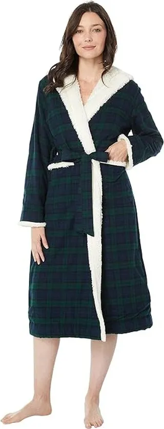 L.L.Bean Petite Scotch Plaid Flannel Sherpa Lined Long Robe (Black Watch) Women's Robe