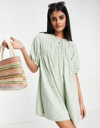 ASOS DESIGN tiered mini smock dress in sage with pink floral embroidery