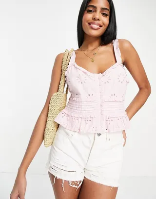 Topshop eyelet pintuck cami top in pink