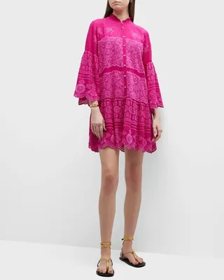 Valeria Floral-Embroidered Bell-Sleeve Dress