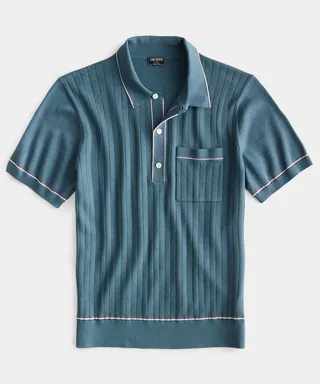 Italian Cotton Silk Tipped Riviera Sweater Polo in Blue Spruce