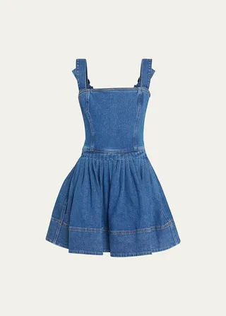 Square-Neck Pleated Bow-Shoulder Denim Mini Dress