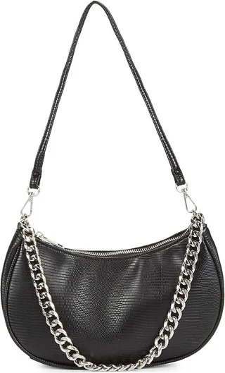 Chain Trim Leather Baguette Shoulder Bag