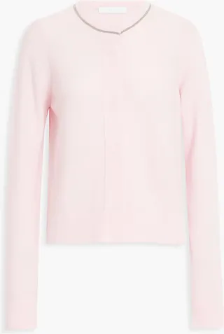 Bead-embellished ribbed cashmere cardigan