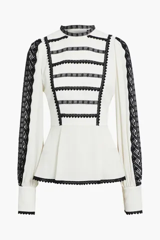 Crochet-trimmed silk-crepe peplum blouse