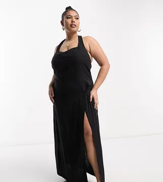 ASOS DESIGN Curve linen scoop halter maxi sundress with knot detail in black