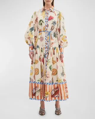 Theo Tie-Belt Balloon-Sleeve Maxi Shirtdress