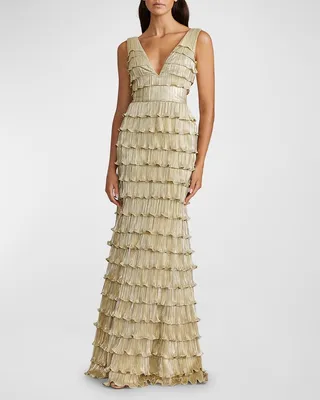 Deep V-Neck Metallic Ruffle-Tiered Gown