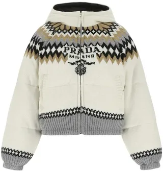 Prada Embroidered Logo Intarsia Zip-Up Hooded Down Jacket