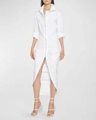 Poplin Gathered Zip-Front Midi Dress