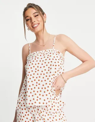 ASOS DESIGN mix & match linen floral pajama cami with frill in cream & red