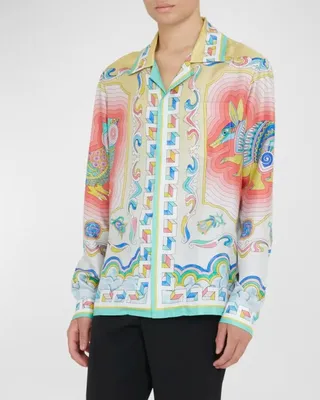 Men's Cuban-Collar Silk Artwork Shirt