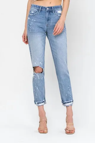 Mid Rise Paint Splatter Boyfriend Jean in Blue