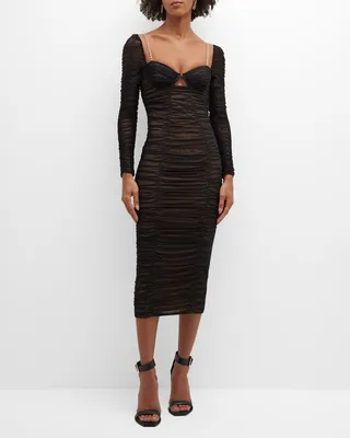 Power Mesh Rhinestone Cutout Midi Dress