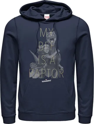 Men's Marvel Runaways BFF Raptor Old Lace Pull Over Hoodie - Navy Blue - Small