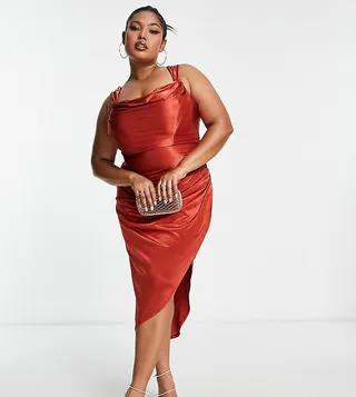 ASOS DESIGN Curve satin drape corset midi dress in rust