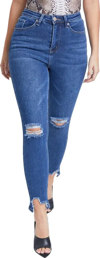 YMI Women's Junior Vintage Dream High Waisted Skinny Distressed Ankle Denim Jeans (Dark wash Denim