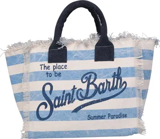 White And Light Blue Striped Canvas Bag