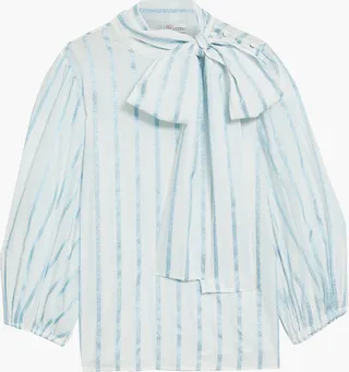 Pussy-bow metallic striped cotton-blend voile blouse