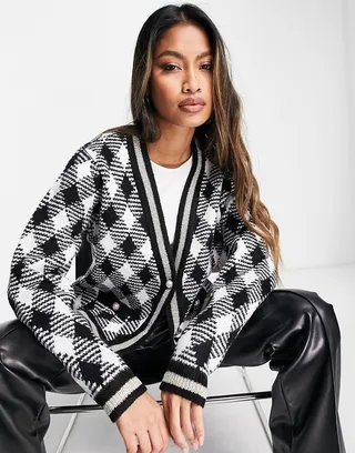 Vila plaid cardigan with pearl buttons in mono