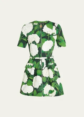 Hydrangea-Print Belted Zip Front Cotton Twill Mini Dress
