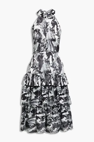 Tiered printed crepe de chine midi dress