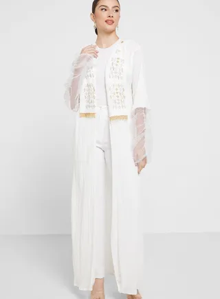 Textured Abaya With Trim Detail