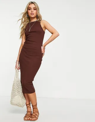 ASOS DESIGN racer front ribbed midi tank dress in brown