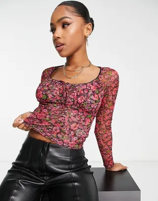 New Look long sleeve mesh tie front top in pink floral pattern