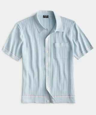 Cotton Silk Short Sleeve Full Placket Riviera Polo in Pale Sky