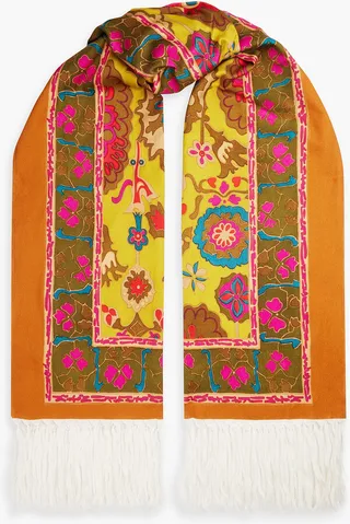 Fringed printed cotton-twill scarf