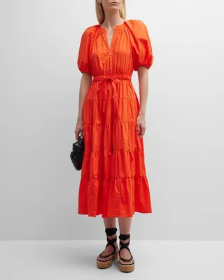 Olina Tiered Puff-Sleeve Midi Poplin Dress