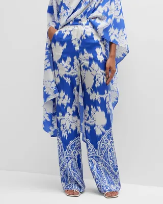 Lapis Floral Paisley-Print Wide-Leg Silk Pants