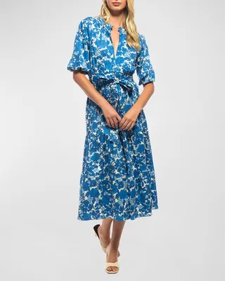 Dalia Floral-Print Blouson-Sleeve Midi Dress