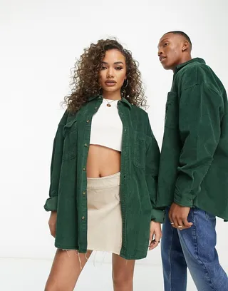 ASOS DESIGN oversized cord shirt in green