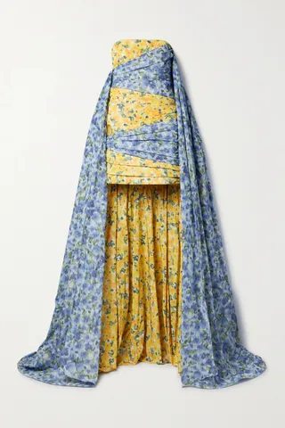 Carolina Herrera - Strapless Cape-effect Floral-print Taffeta Gown - Blue