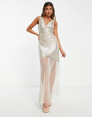 Miss Selfridge Premium embellished sheer bottom maxi dress in blush - BEIGE