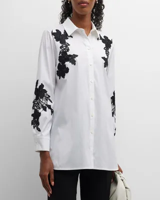 Woven Poplin Button-Front Blouse with Floral Applique Detail